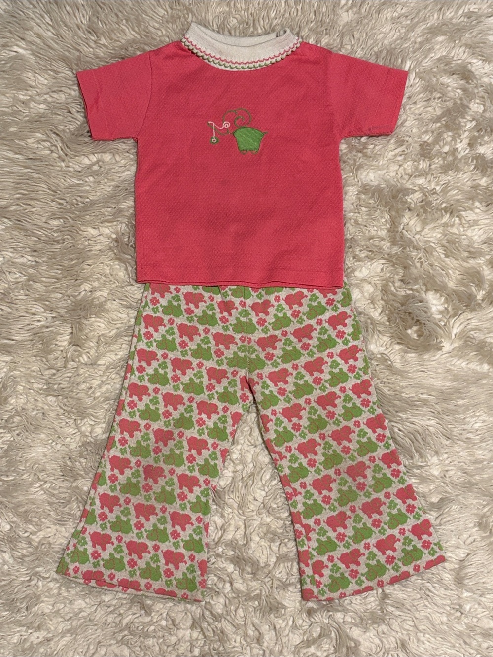 🍉Vintage 2T Pink & Green Elephant Pajama Set